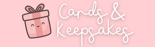 Logo with a pink gift box and 'Cards & Keepsakes' text on a pink background